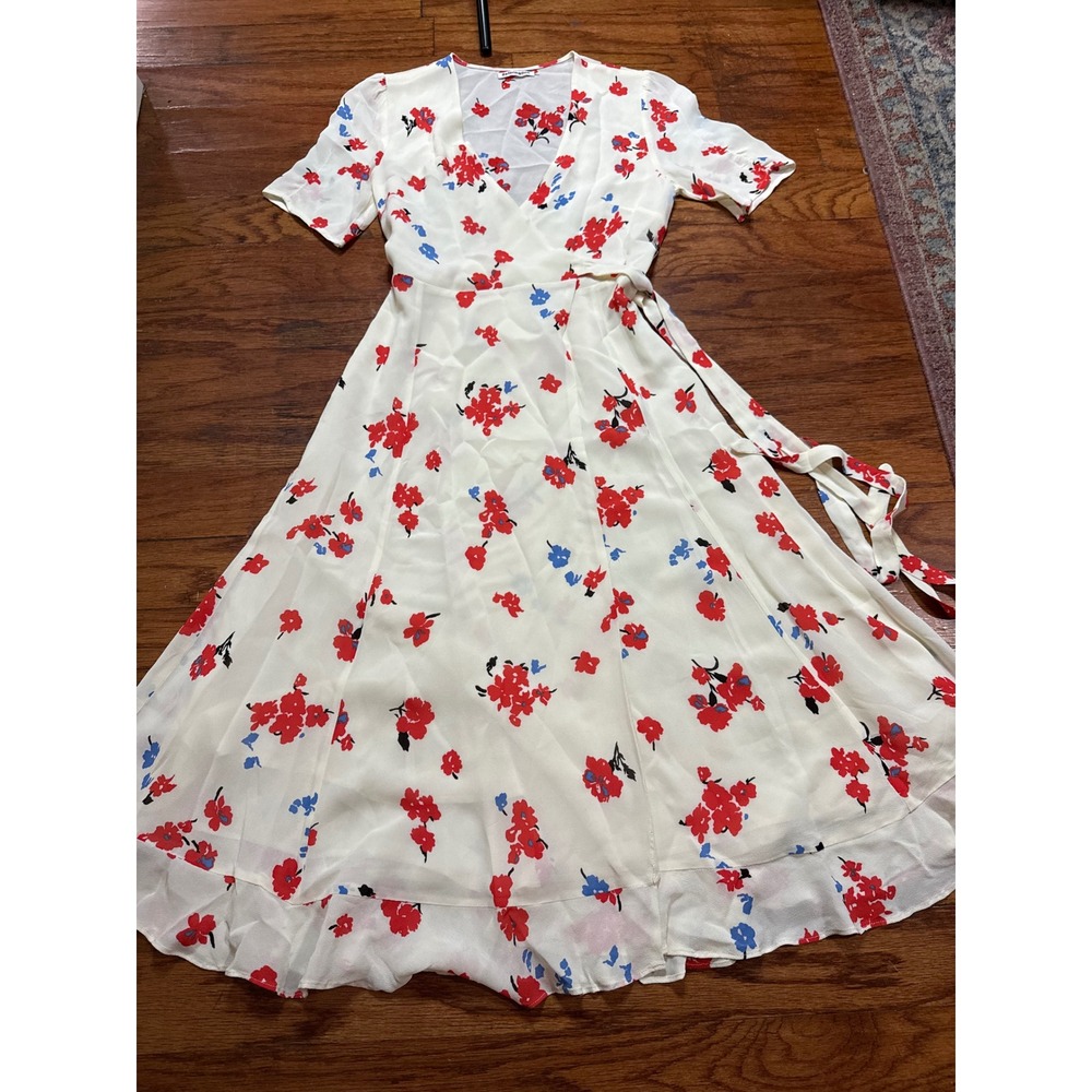 Reformation Floral‎ Wrap Midi Dress Cream Red Blue Poppy Print Ruffle Hem XS